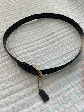 Coach Black Leather Belt with Gold-Tone Buckle and Logo Tag